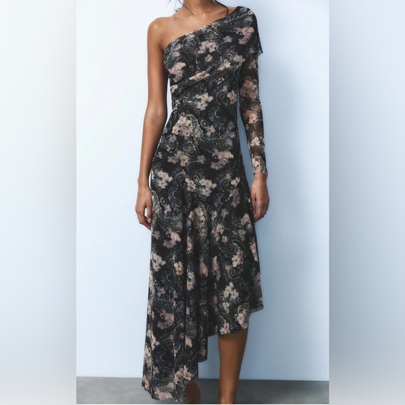 Zara Dresses & Skirts - ZARA Floral One-Shoulder Asymmetric Mesh Midi Dress – NWT size Medium